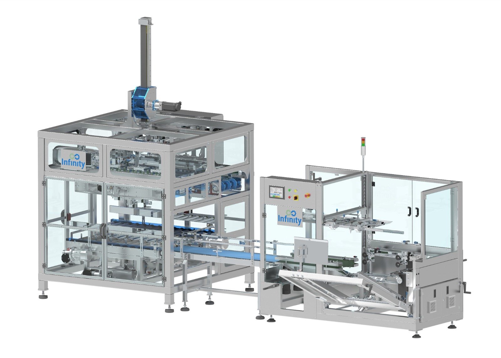 case packer machine with robotic/gantry pick & place, taping & labeling automation. High-s...