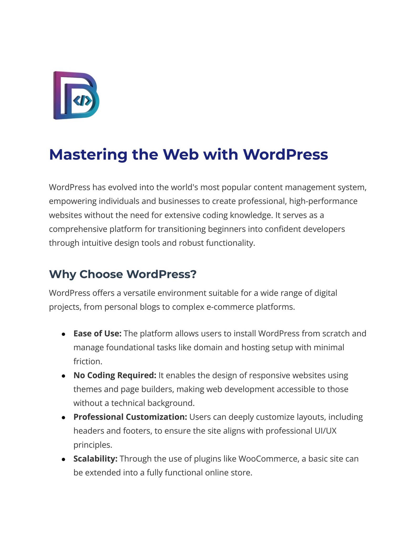 This document introduces WordPress, the world's leading Content Management System (CMS), a...
